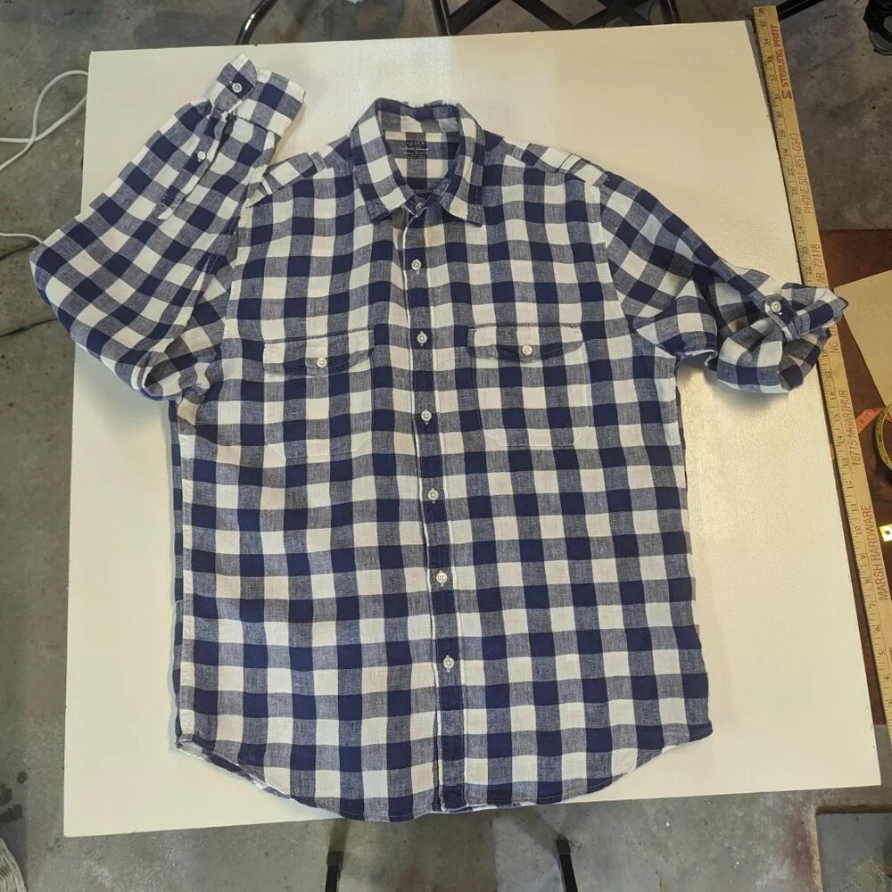 J. Crew Size Large 100% Linen Navy/White Checkered Button Down